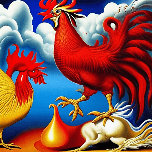AI generated:  a psychedelic surrealist painting of a red rooster fighting a white rooster, surreal, dripping, mel...