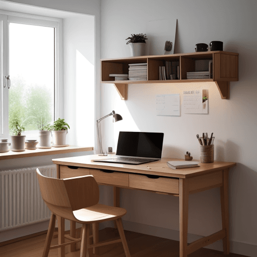 AI generated: scandinavian home office, natural oak desk, ambient lighting from window, captured from a low angle ...
