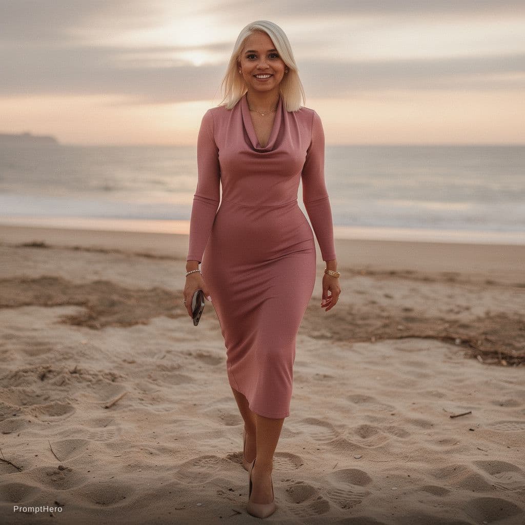 AI generated: Slavic Hot 33 year old Hot mom she Has tall Thick thighs posing while walking in a Beach during suns...
