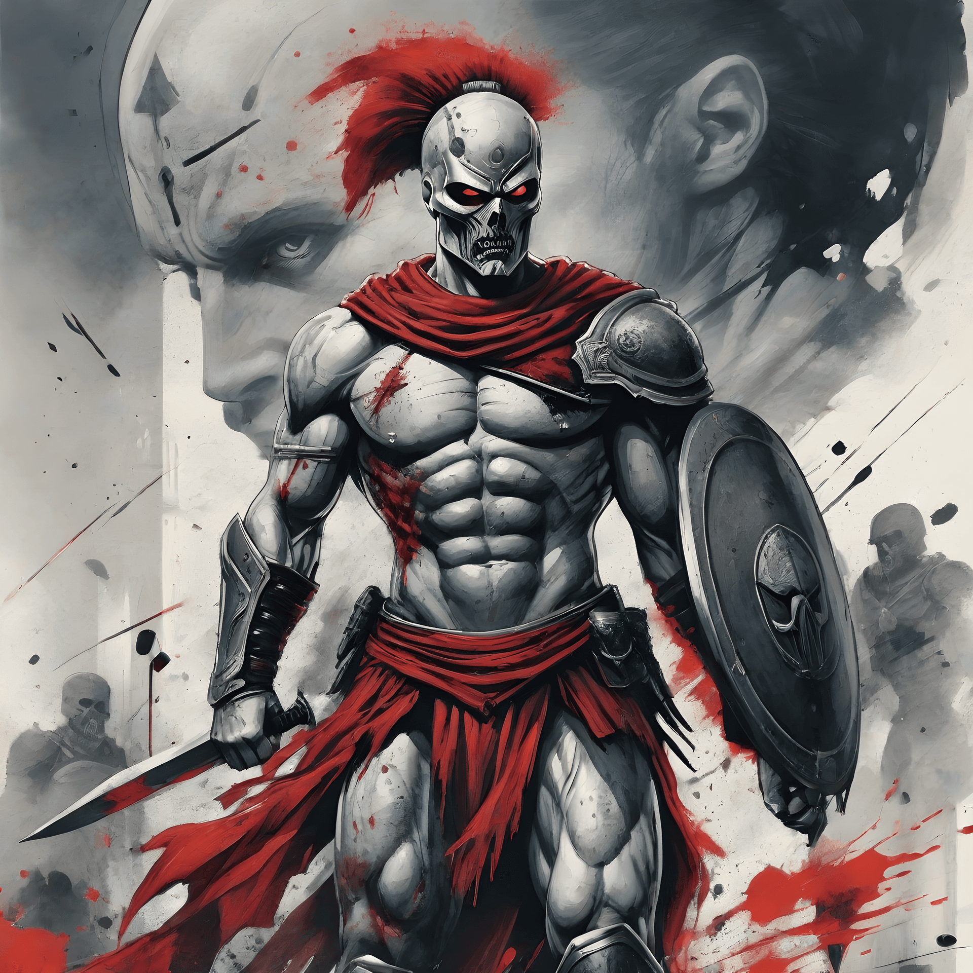 AI generated: A zombie spartan, Mixed media illustration, Digital, Contemporary era, Dominant red and black with g...
