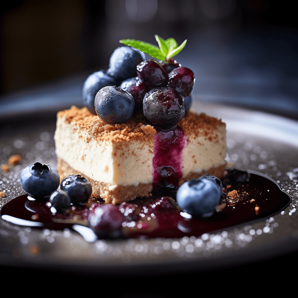 AI generated: food photography,cheese cake,blueberries,cinnamon,in a luxurious Michelin kitchen style, depth of fi...