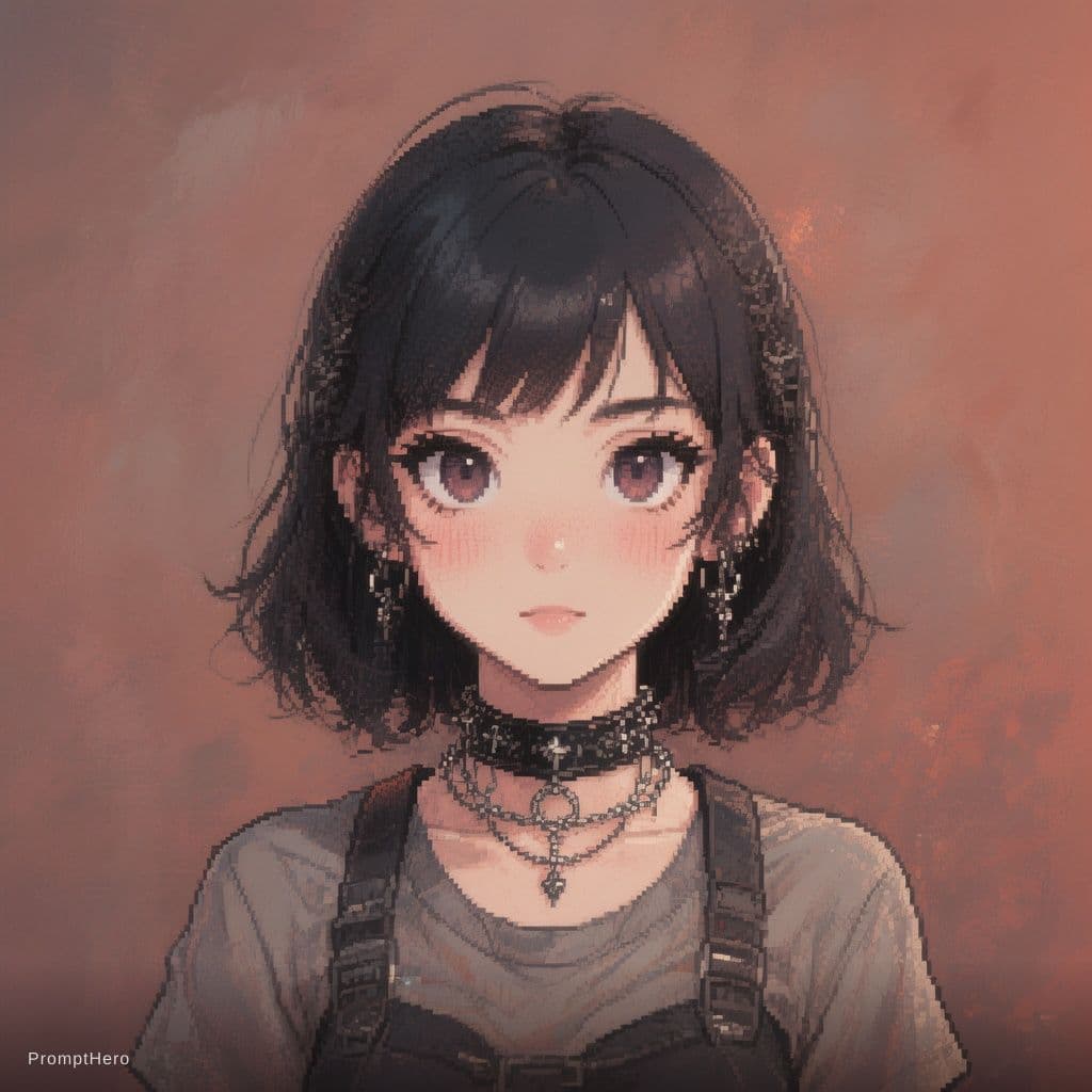 AI generated: 
, wearing intricate black choker, ↑ ★★★★☆ ✦✦✦✦✦, pen and coloured inkwash, inked art, lineart, squa...