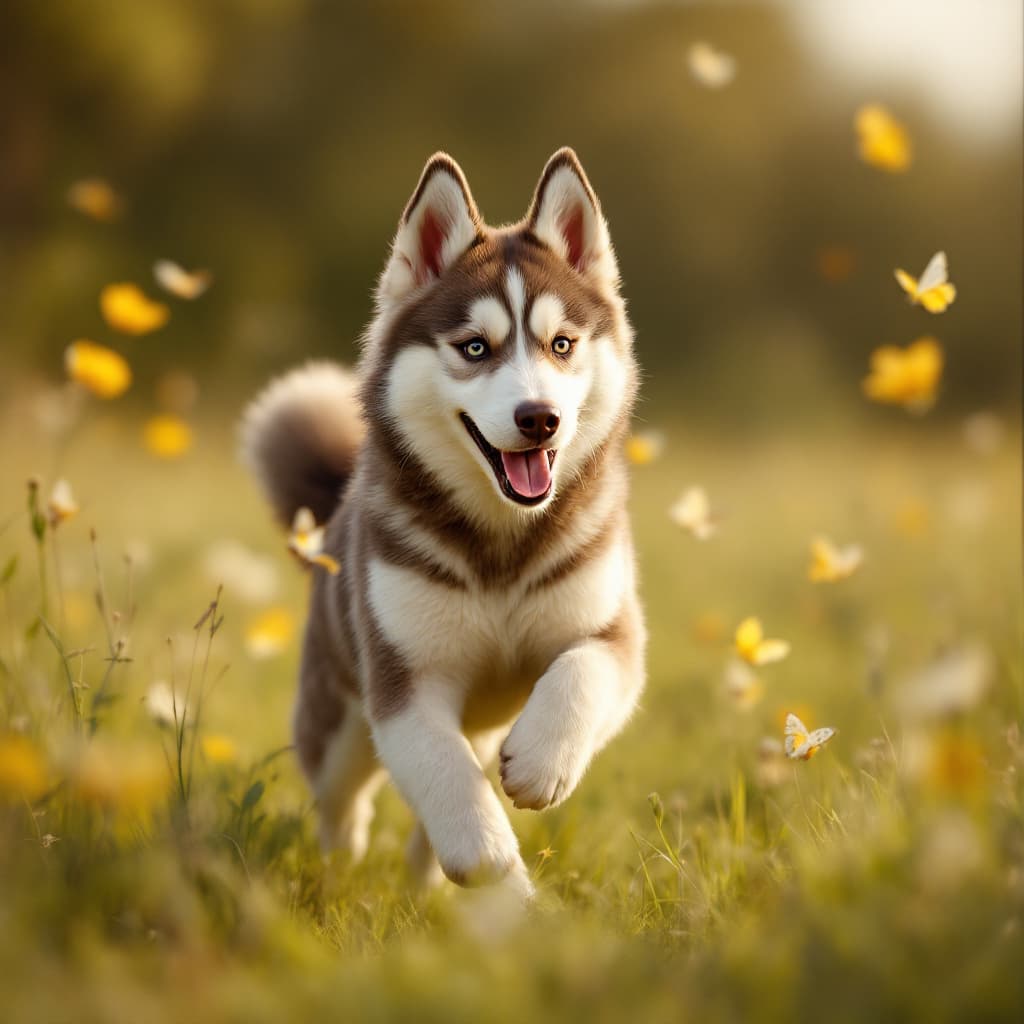 AI generated: a wonderfull beige Husky runs in the grass fields and try to catch butterflies. Uhd 8k, hyperrealism...