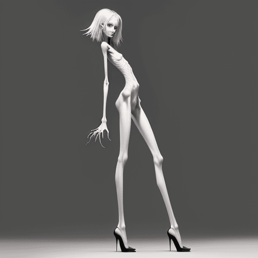 AI generated: kneering position of extreme skinny slender anorexic girl very skinny slender girl, with long curved...