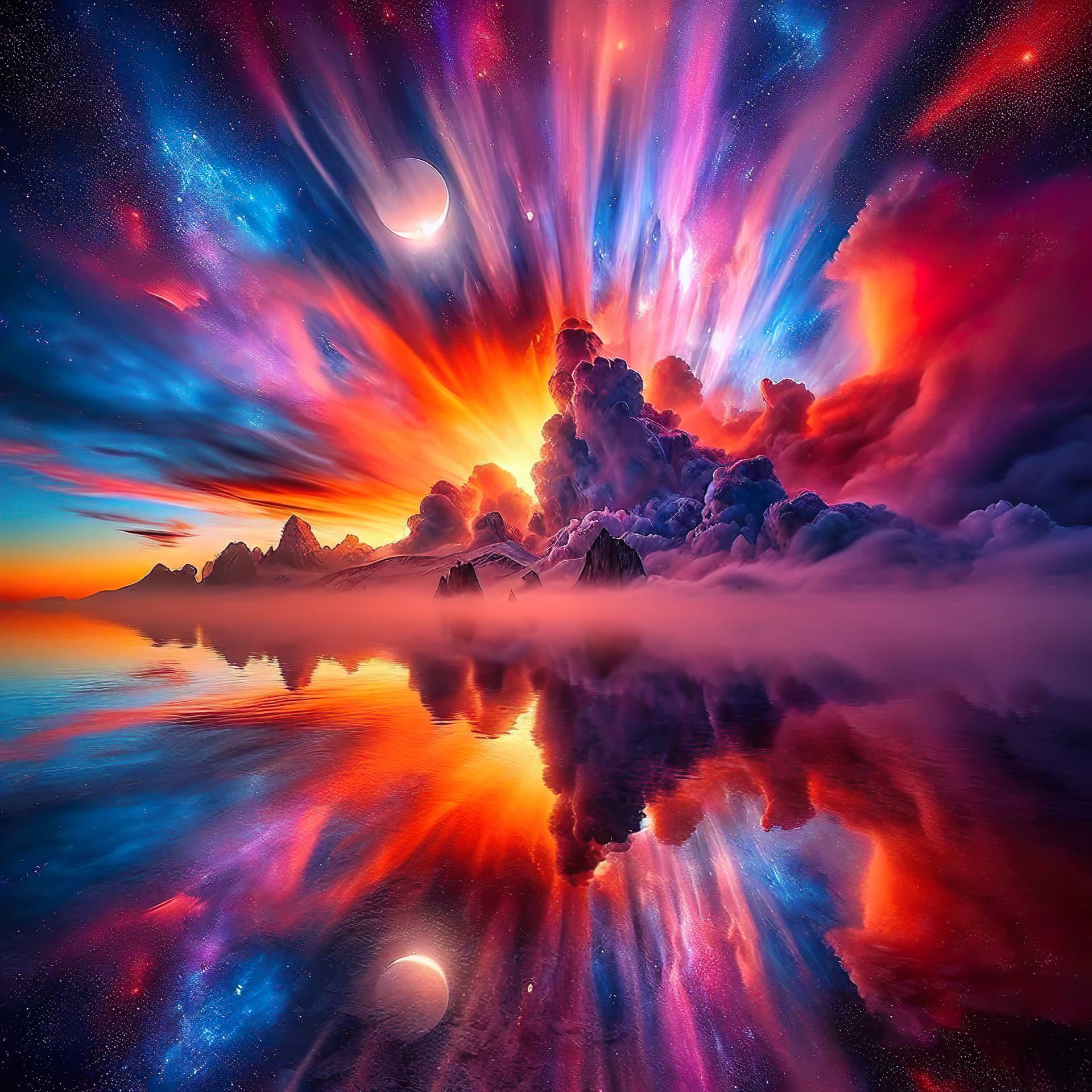 AI generated: A fiery canvas of colors ignites the twilight sky.  A mirage mirrors the celestial spectacle on the ...