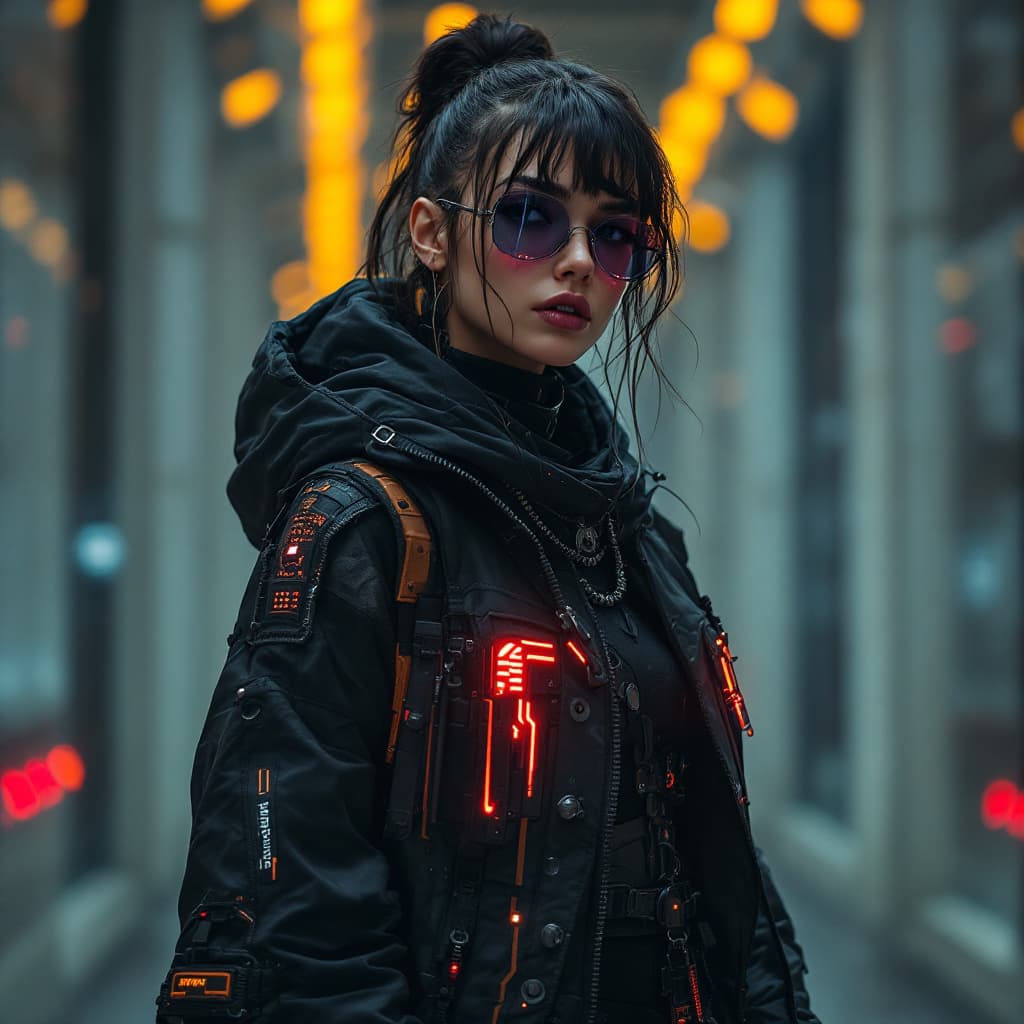 AI generated: instagram model wearing tech wear, futuristic cyber punk clothing. realistic model, cyberpunk 