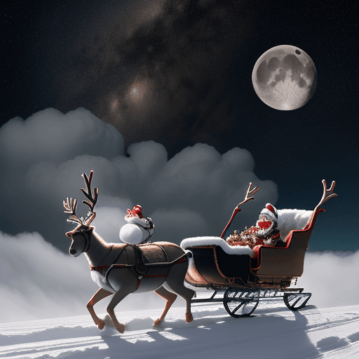 AI generated: santa claus driving sleigh pulled by reindeers flying through the clouds in the night sky. Moon crea...