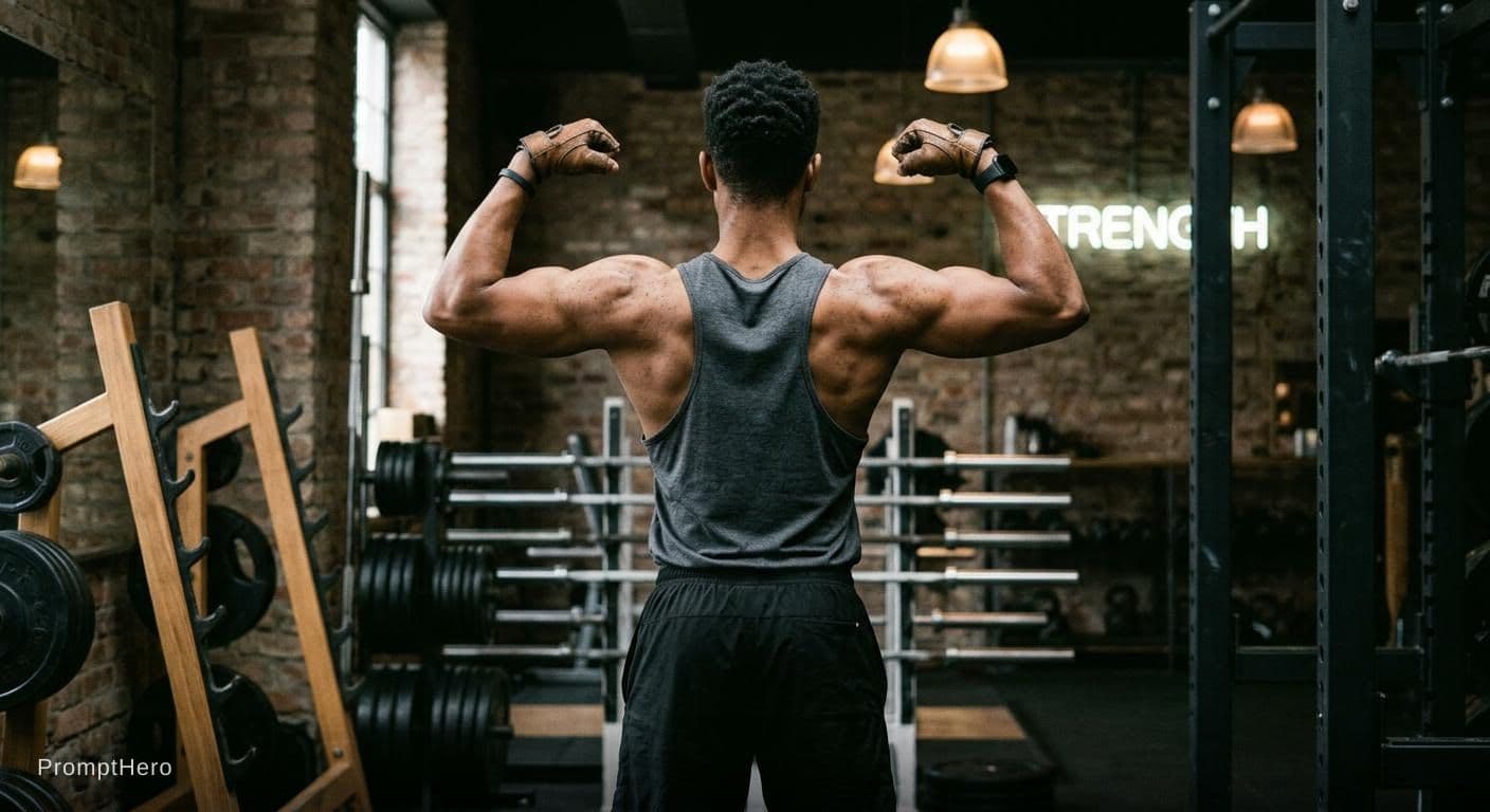 AI generated: aesthetic gym back pose of an slightly muscular boy 20 yr old