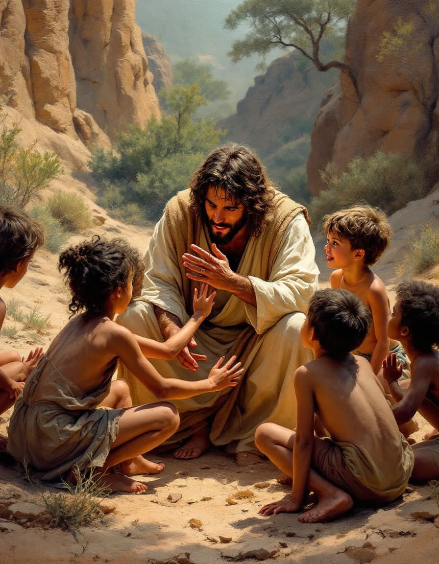 AI generated: rough oil painting of a handsome Jesus playing with a group of children
, a rocky terrain with a few...