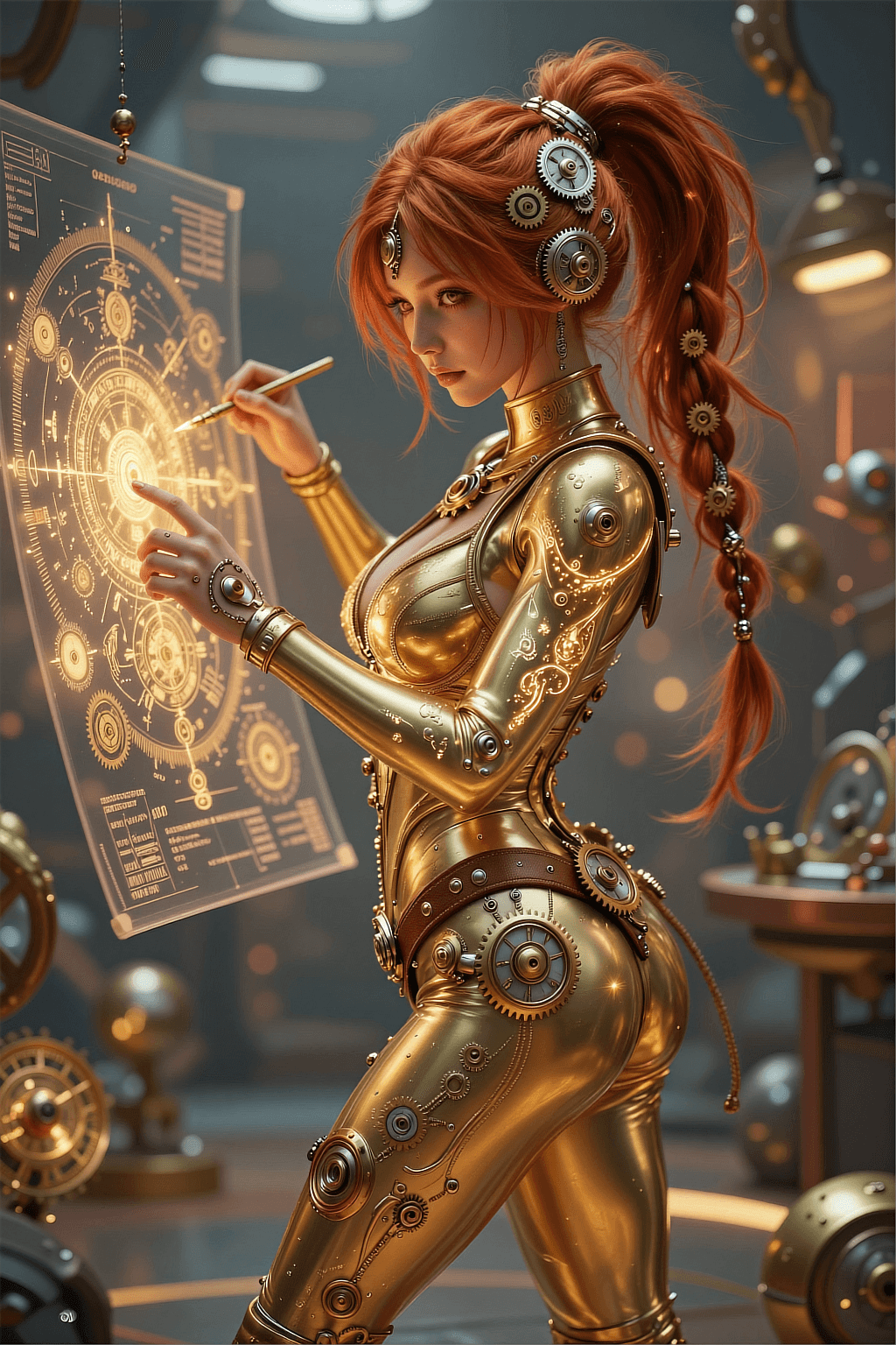AI generated: An ultra-realistic, full-body action shot of a captivating gold artificer, radiating creativity and ...