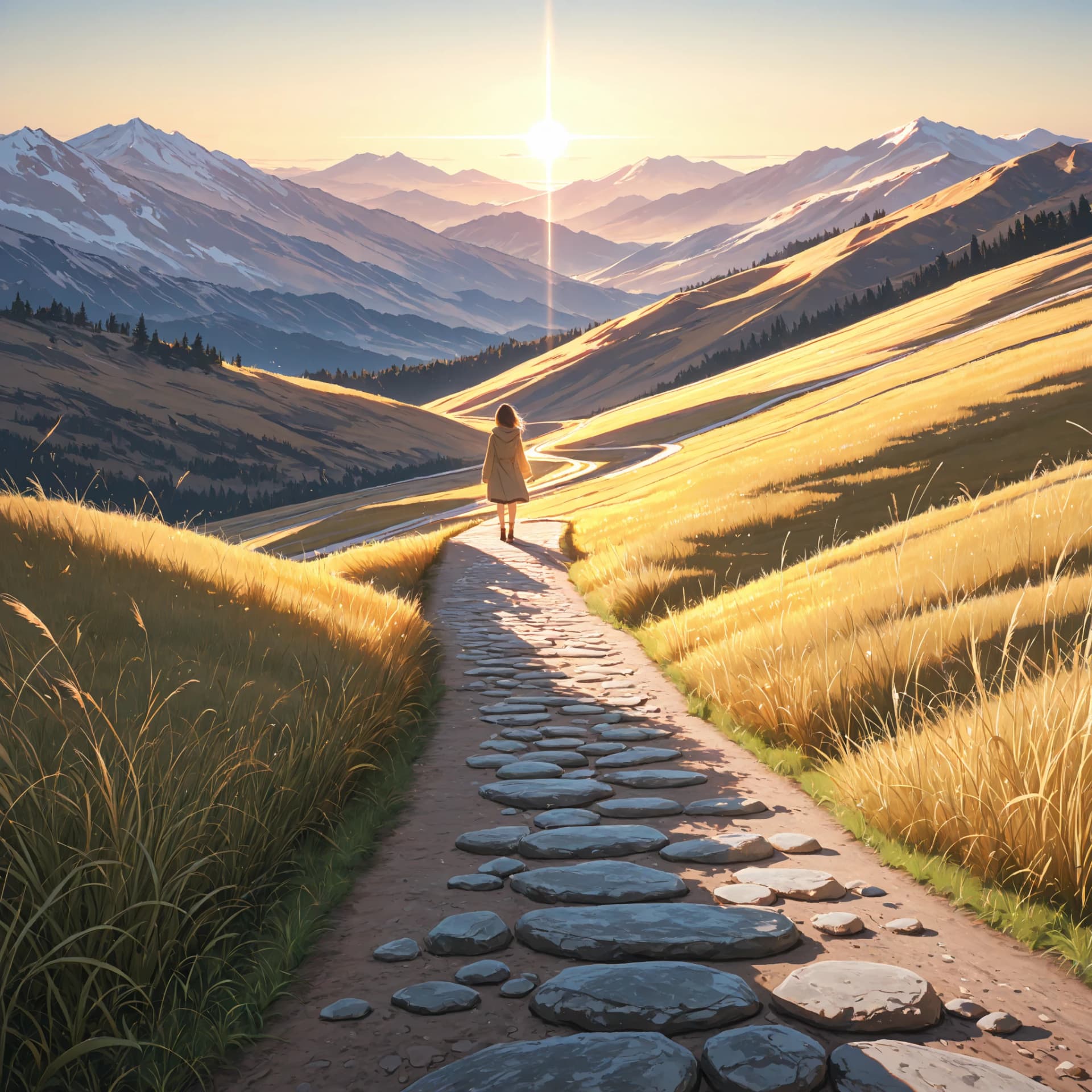 AI generated: (masterpiece, best quality),
young explorer standing on a quiet mountain path at sunrise,
soft gol...