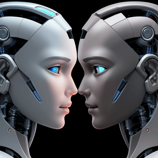AI generated: Front view of the face of a half-human, half-machine robot with AI, with a side view of an AI-enhanc...