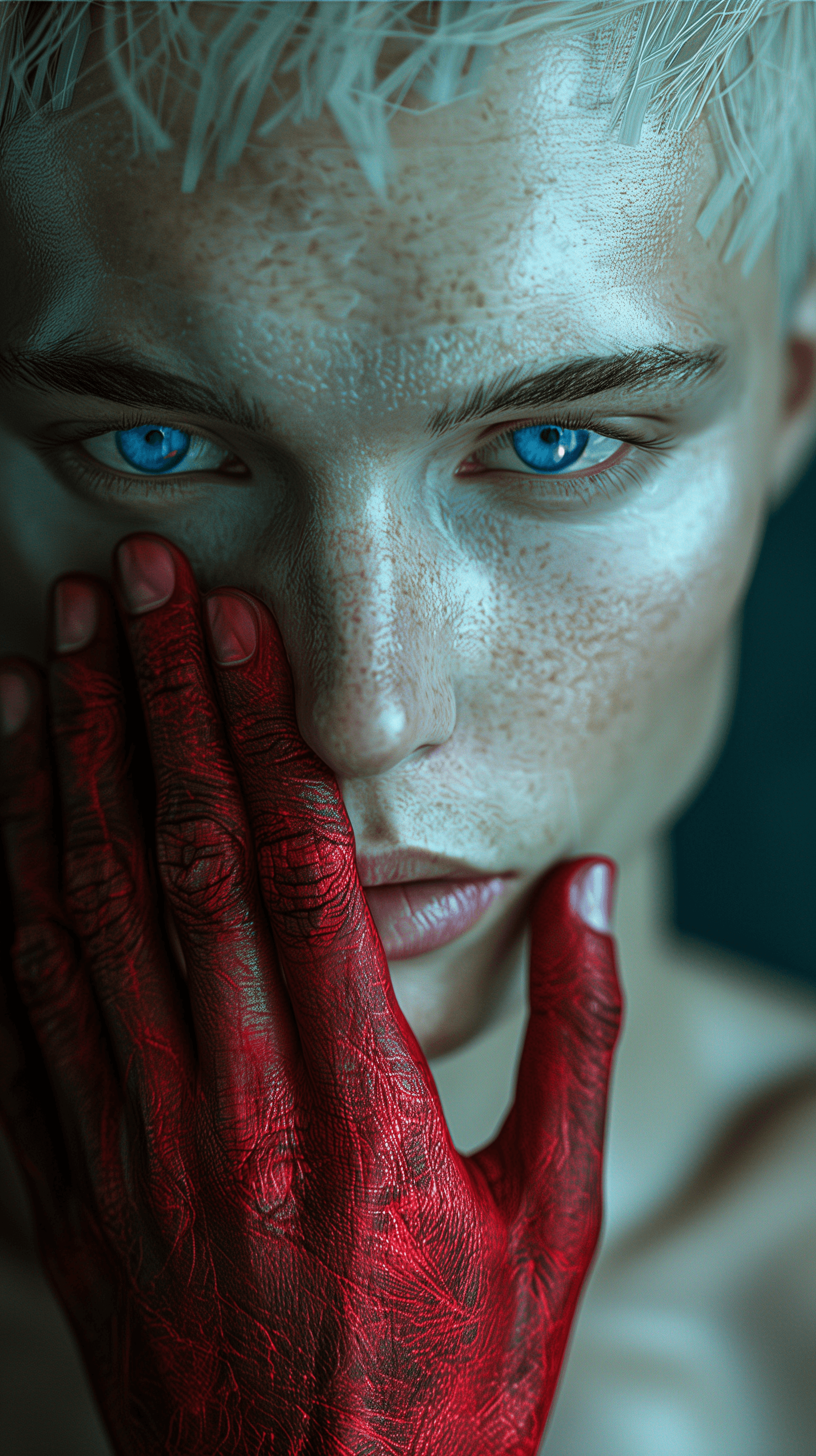AI generated: close-up portrait of a man with pale skin and striking light blue eyes, profound gaze to front, matt...