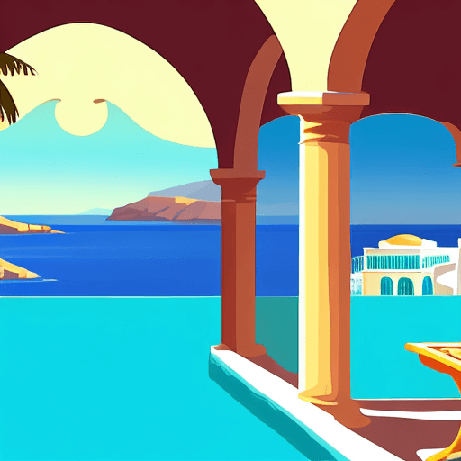 AI generated: Looking out on turquoise sea from a traditional Greek house, vector graphics image