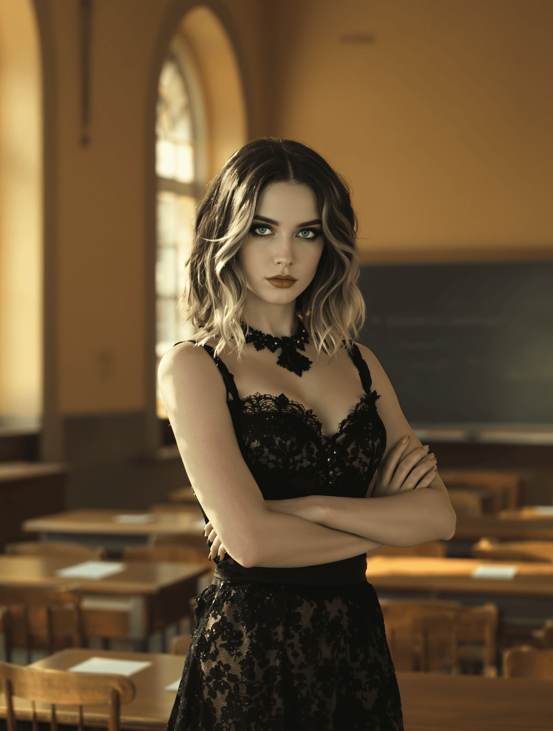 AI generated: A semi-realistic to hyper-realistic digital portrait of a gothic 19-year old university student stan...