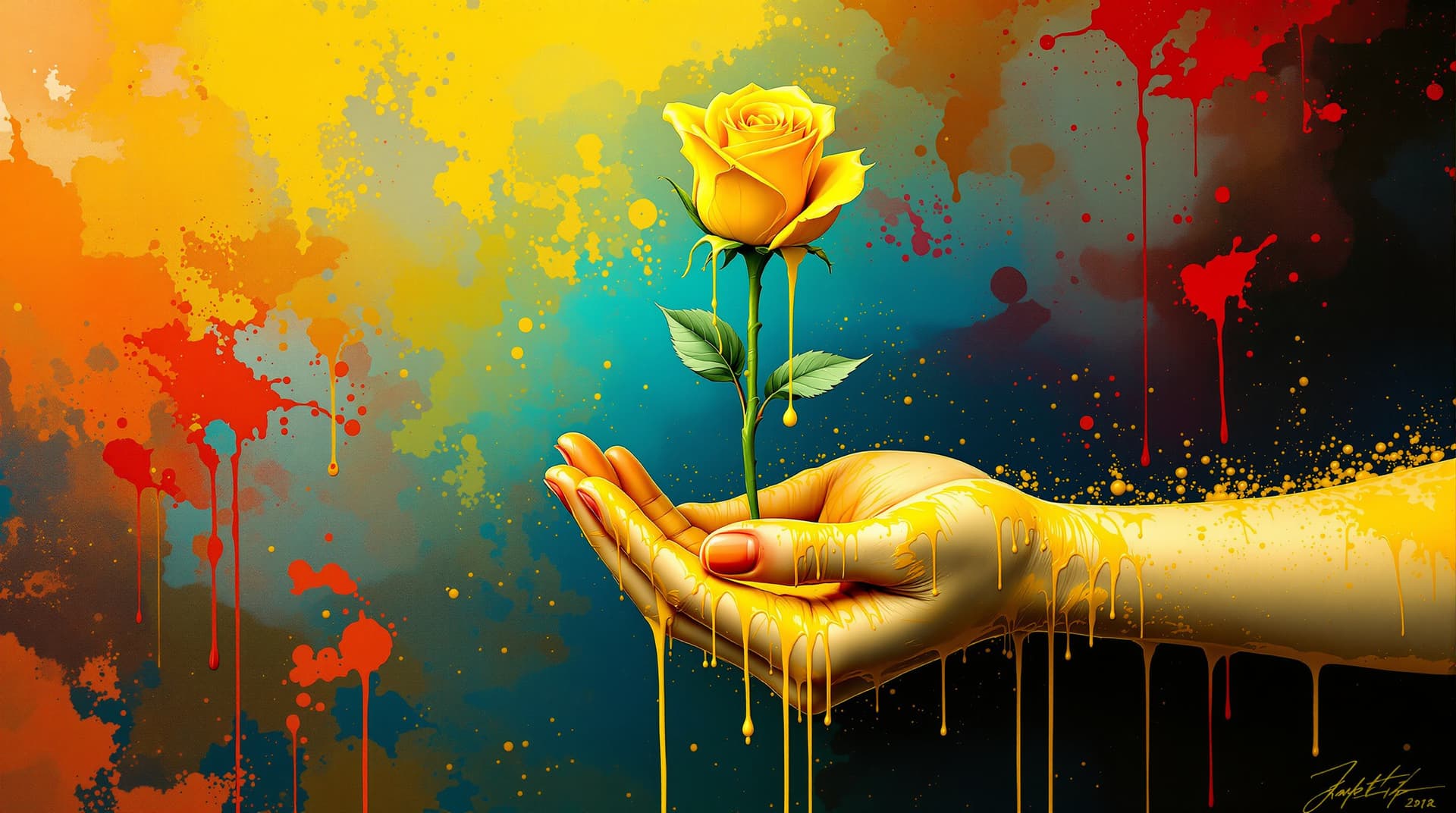AI generated:  random pose,  two hands with asiatic tatoo skin, giving   a  yellow  rose ,the flower is made of dr...