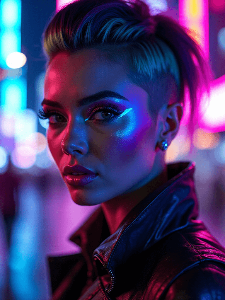 AI generated: A close-up portrait of a woman in a vibrant cyberpunk style. Her face is illuminated by neon lights ...