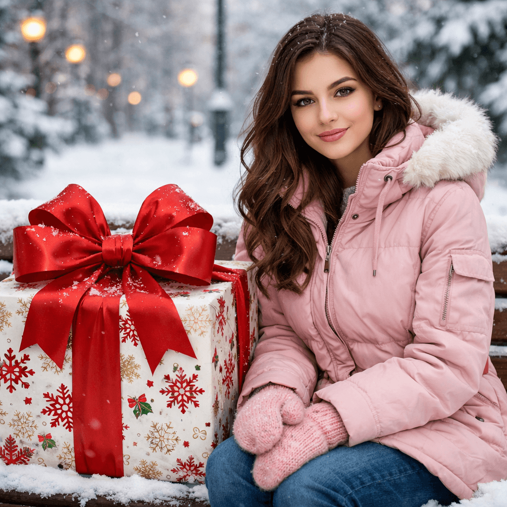AI generated: a gorgeous young lady with beautiful brunette hair and gorgeous brown eyes, is sitting on a snow-cov...