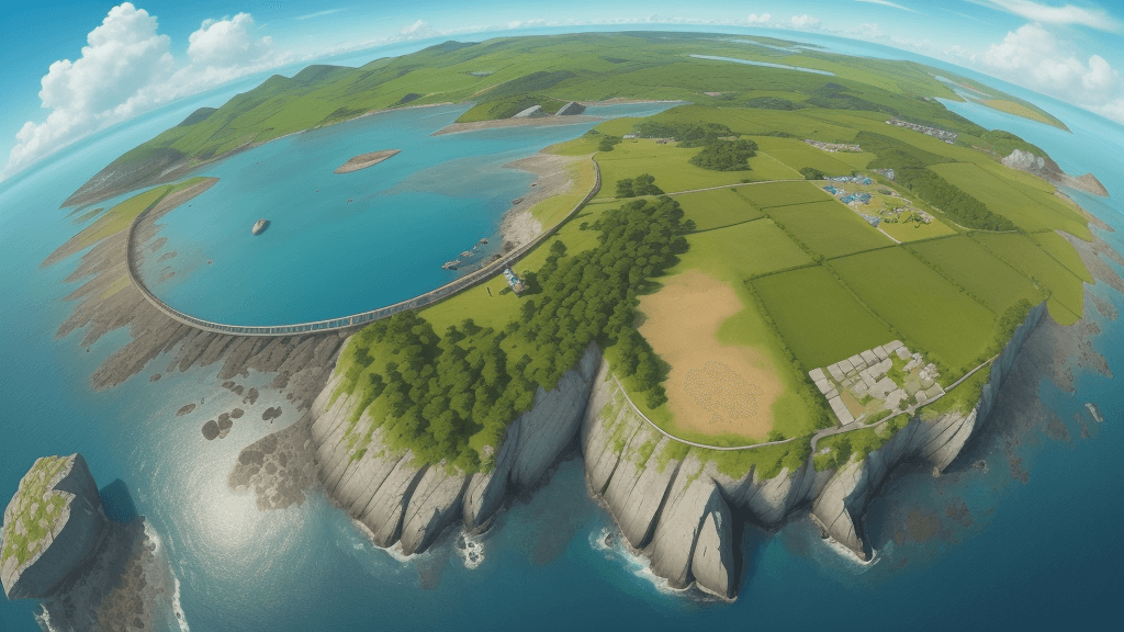 AI generated: bird's eye view high up looking down of a simple island. you can see the mainland in the background....