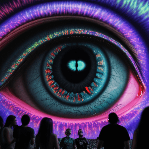 AI generated: Hyper realistic eye level exterior photo of a person dacing on a psytrance party, night, psychedlic,...