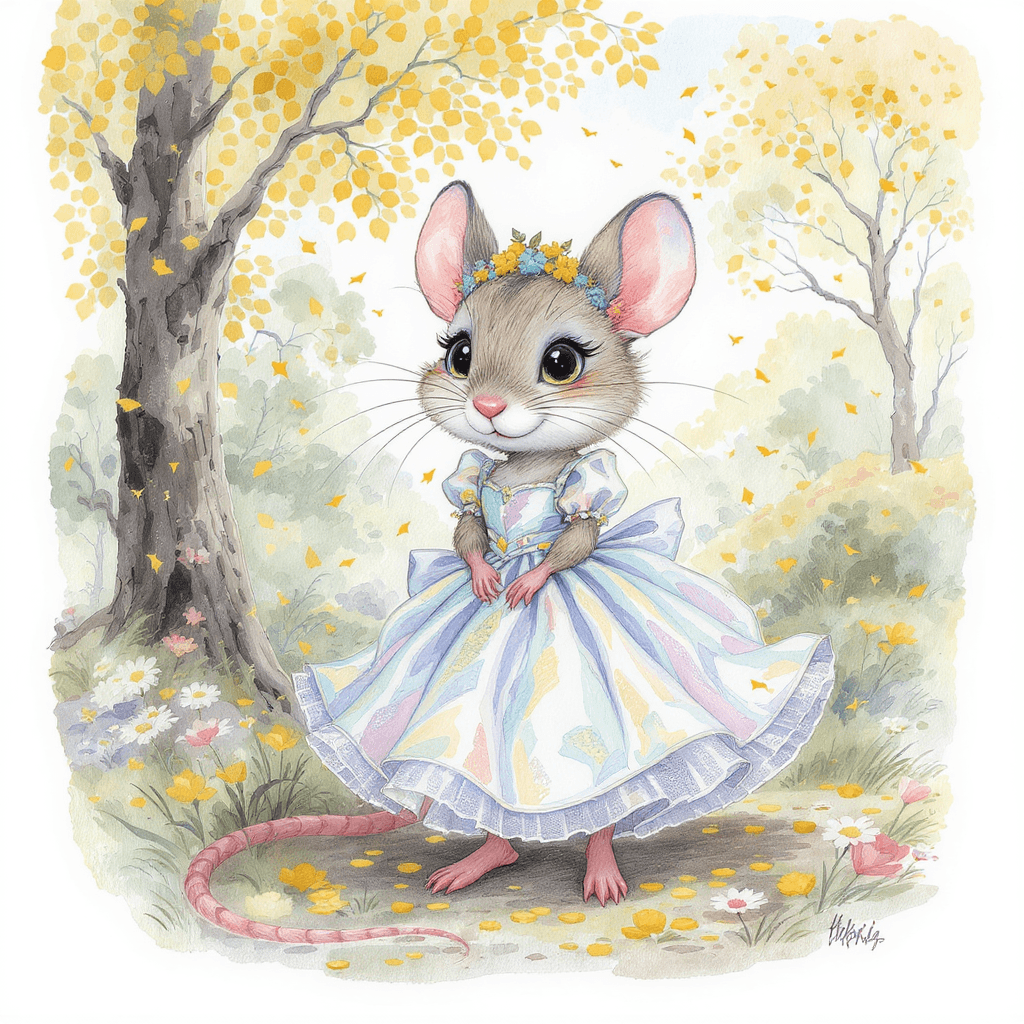 AI generated: a caricature mouse, in a iridescent dress, playing in the woodland, watercolour, detailed, 