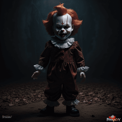 AI generated: A [ Full Body ] Scary Chucky wearing a pennywise costume, fantasy, photorealistic, highly detailed, ...