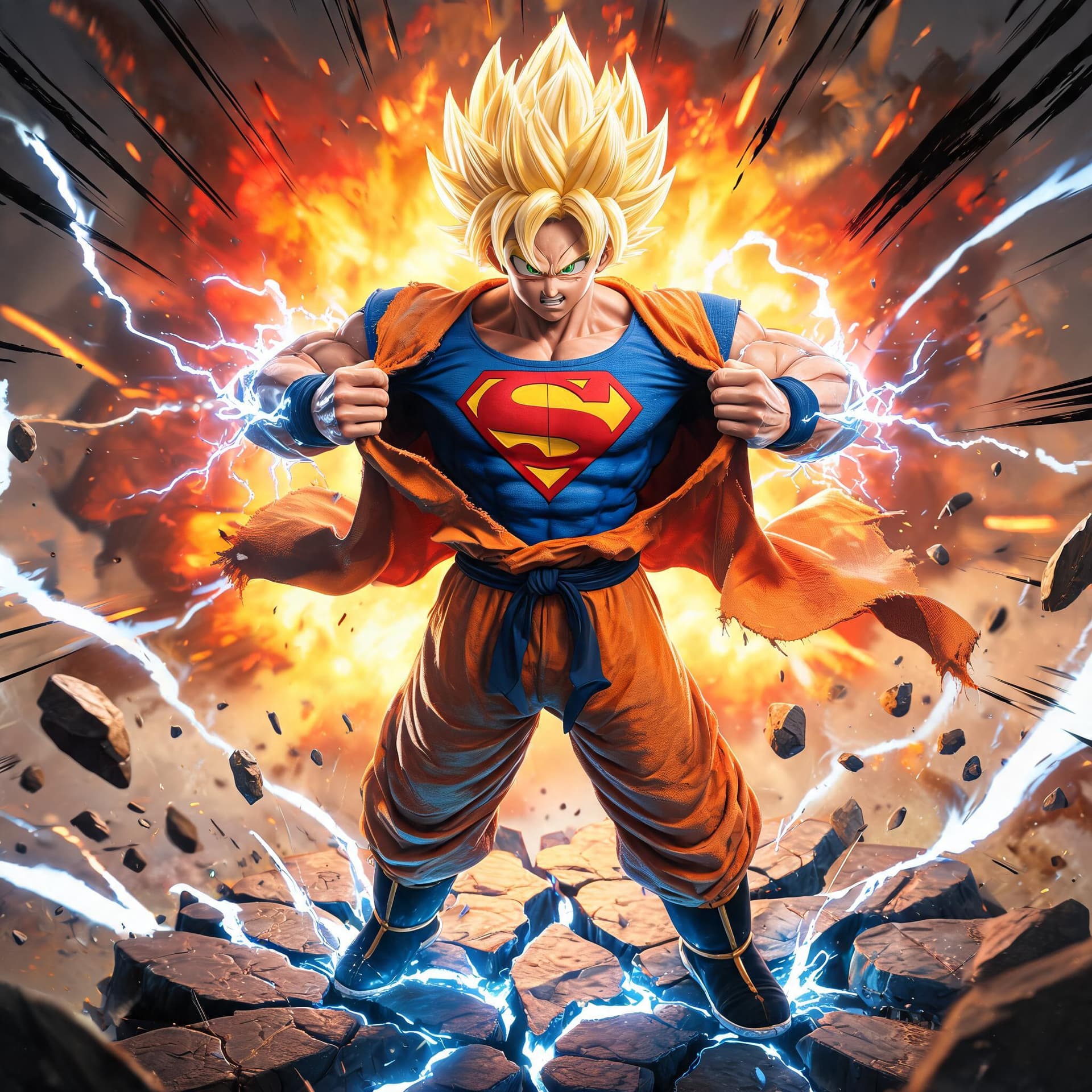 AI generated: photo realistic full body of Super Saiyan Goku from Dragon Ball Z, dynamically tearing open his oran...