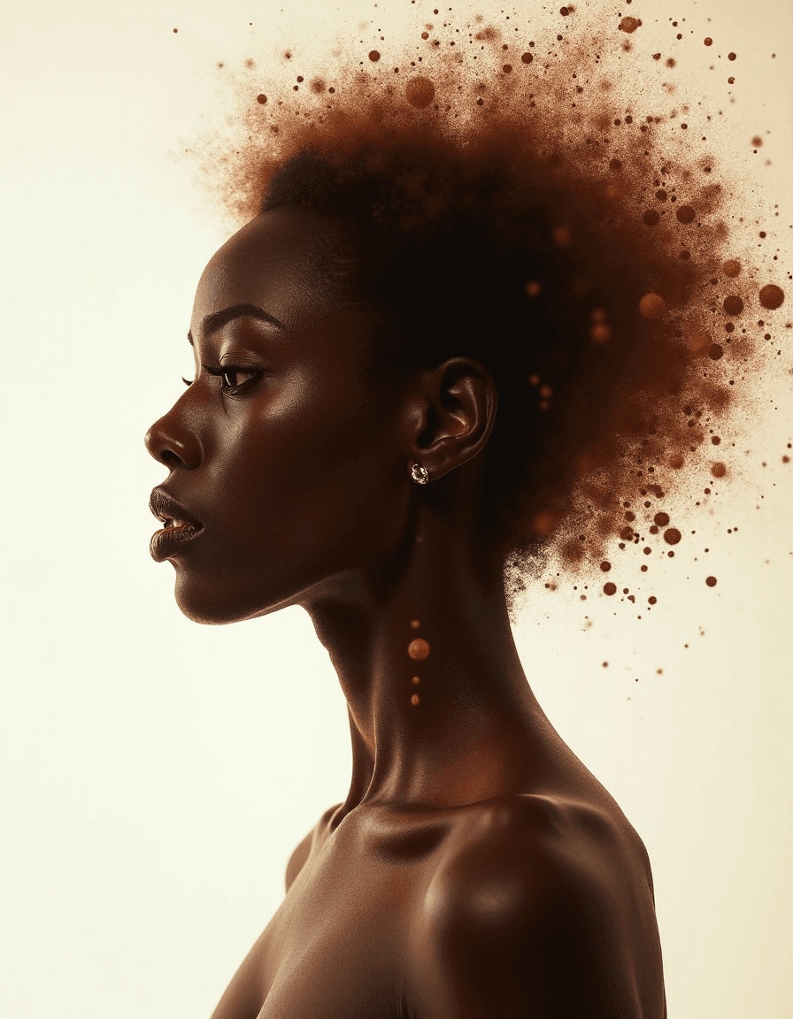 AI generated: double exposure, black woman, dissolves on particles, particle transition, chocolate fusion, milk di...