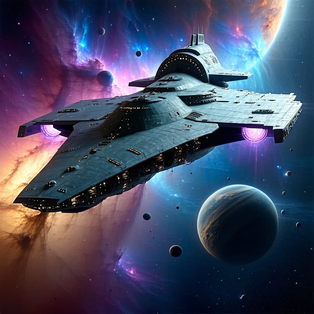 AI generated: Imagine, in detail, an alien spaceship to show a sleek design. Add paint coloring and details. Show ...