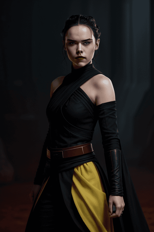 AI generated: rey skywalker with daisy ridley face as sith empress in black sith uniform, dark red lips, yellow ey...