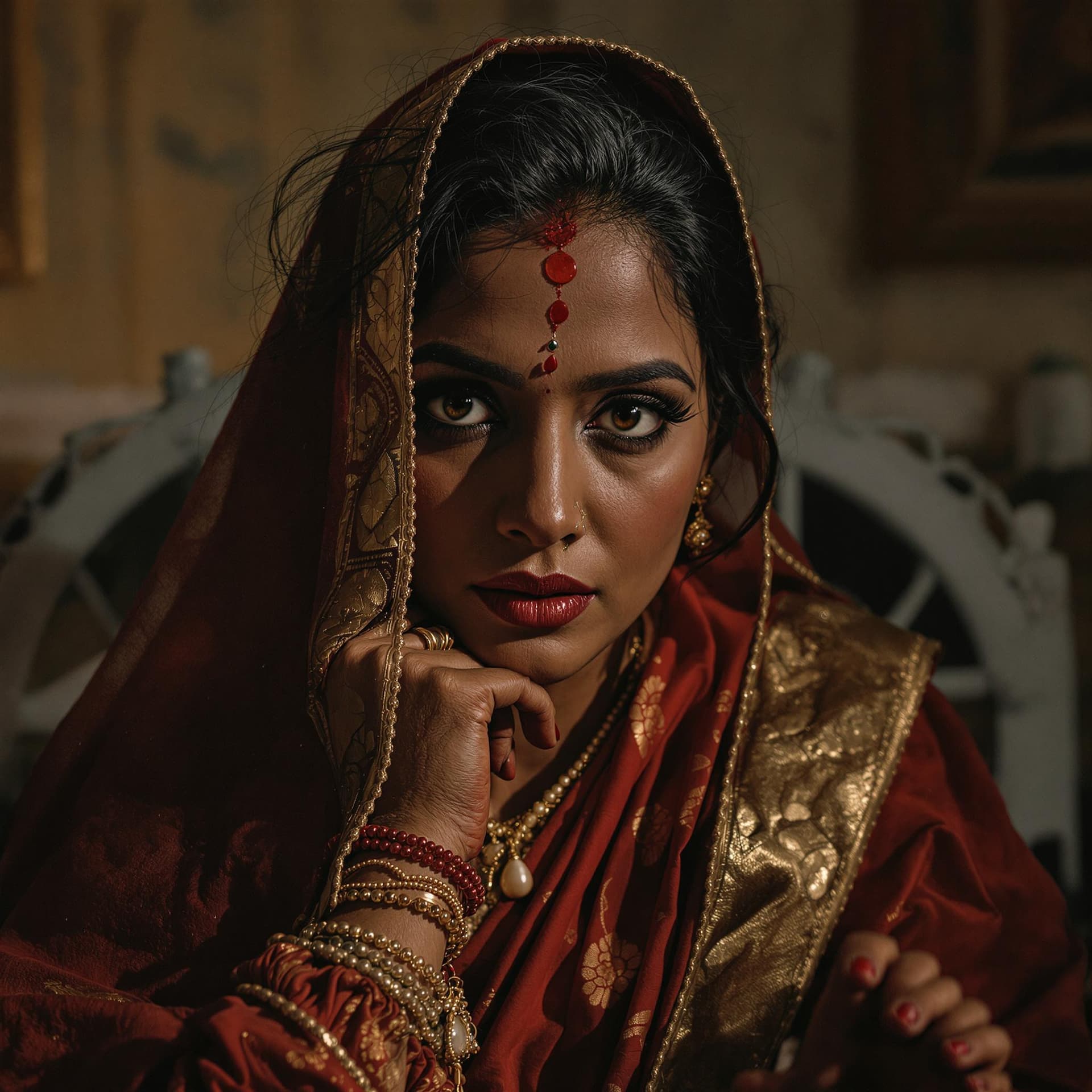AI generated: cinematic, realistic photography, A manipulative, dictatorial Indian woman who enjoys drawing victim...