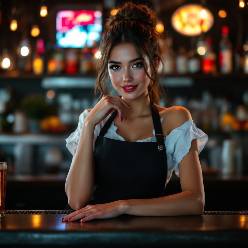AI generated: female dressed as bartender, standing behind bar, serving beer, gorgeous, attractive, smiling, (((fu...