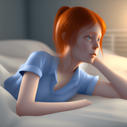 AI generated: hyper realistic, ginger girl, in the bed room, white skin, sweaty, wearing blue shirt, 3d animation