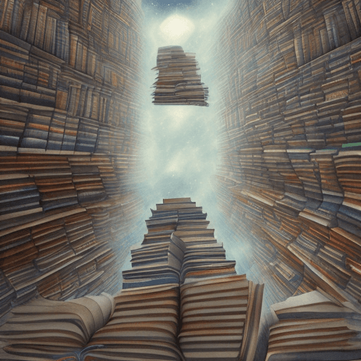 AI generated: staring up into the infinite celestial library, endless books, stacks of books, even more stacks of ...