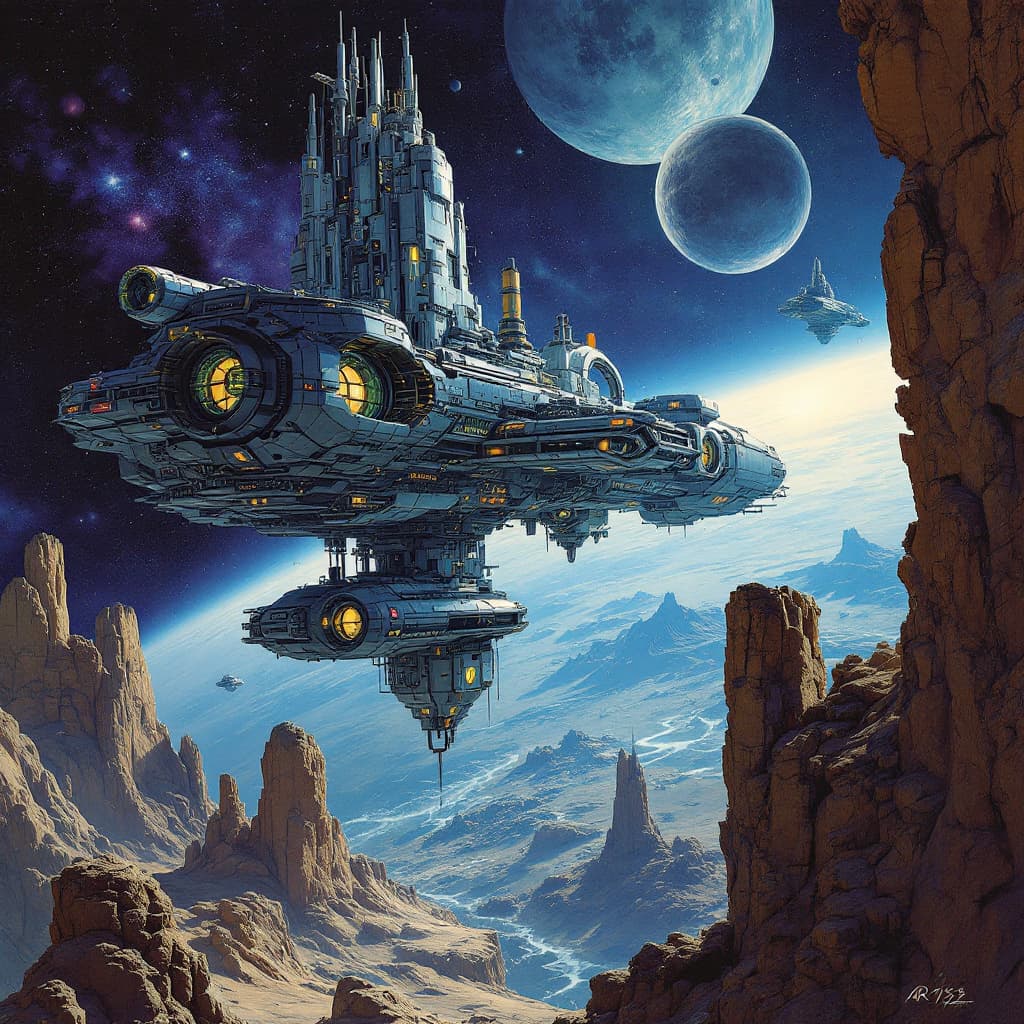AI generated: Futuristic space station, in the style of Gerald Brom and Roger Dean, space opera concept art --c 25...