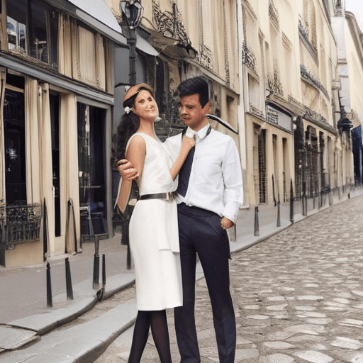 AI generated: In a charming Parisian street lined with quaint cafes and cobblestone pathways, a suave young man wi...