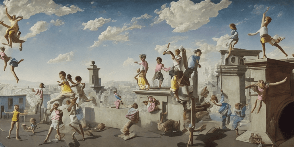 AI generated: children playing on rooftop, neo rauch, painting with incomparable reality, intricate details