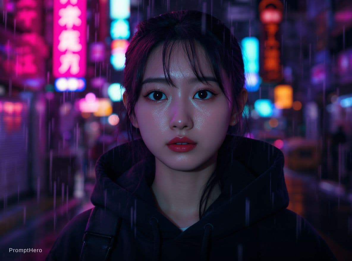AI generated: cinematic close-up portrait of a cute young Japanese woman standing in a rainy neon-lit city at nigh...