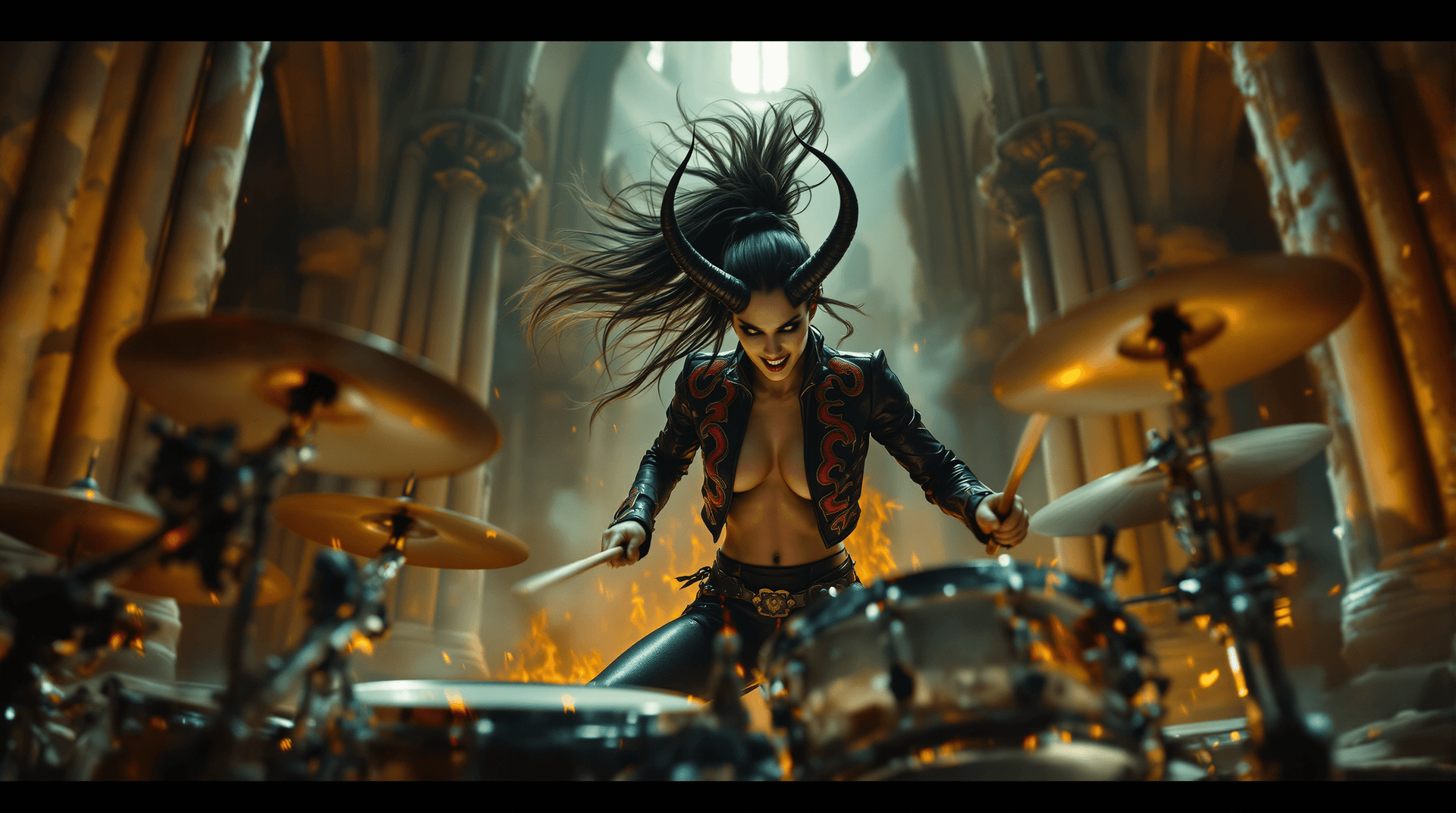 AI generated: A dynamic, explosive cinematic shot of Lamašatu, the demon drummer, unleashing a torrent of rhythmic...