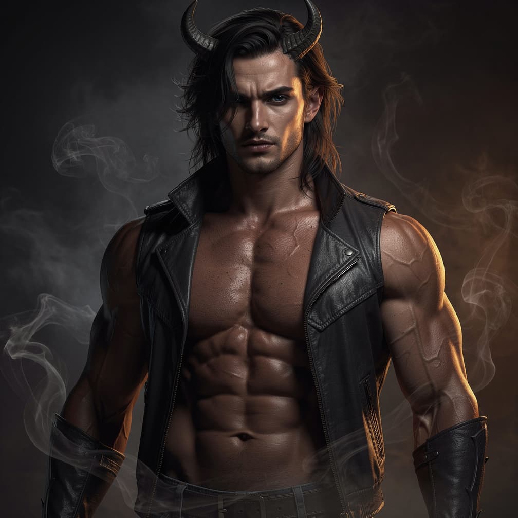 AI generated: a male incubus that is tall, muscular, and devastatingly handsome with dark eyes, smoky features and...