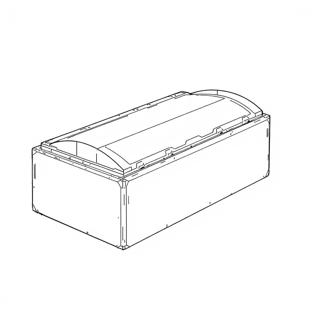 AI generated: A drawing of a rectangular lid with curved edges at the top flat bottom that extends out side view
