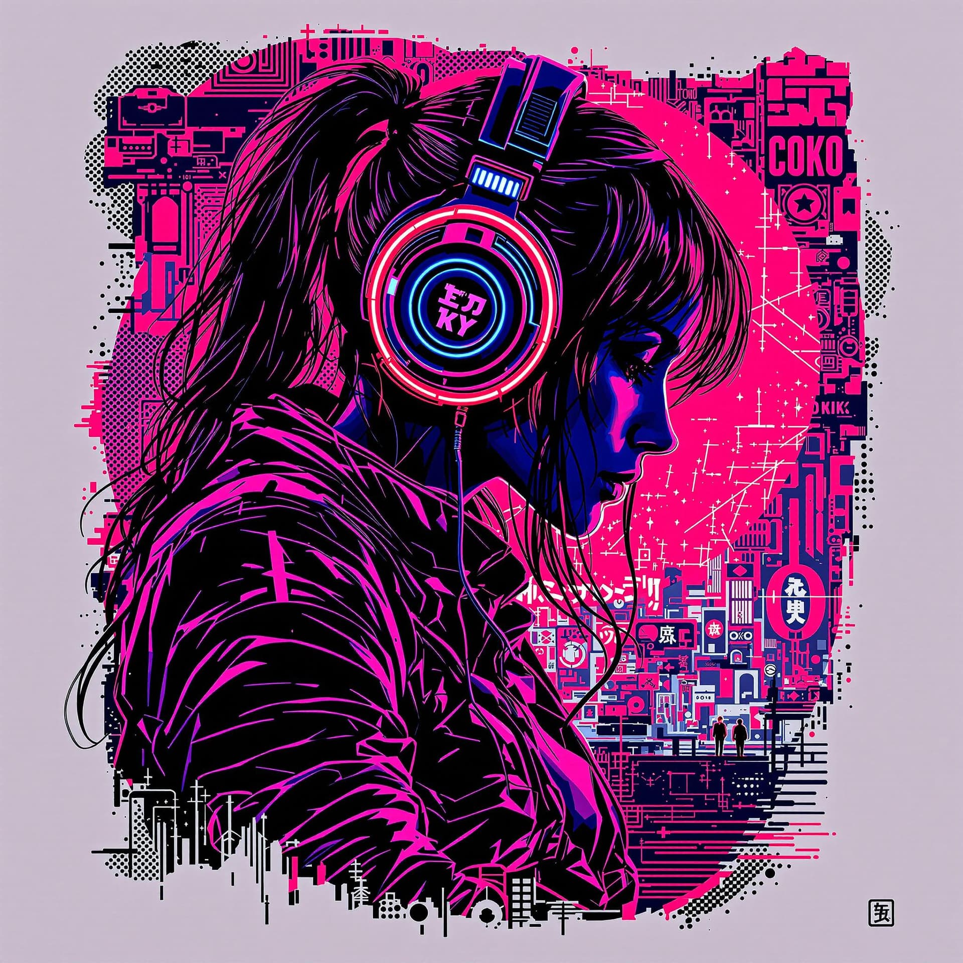 AI generated: vector t-shirt design ready to print, cyberpunk, illustration profile of a motocycle rider  red led ...