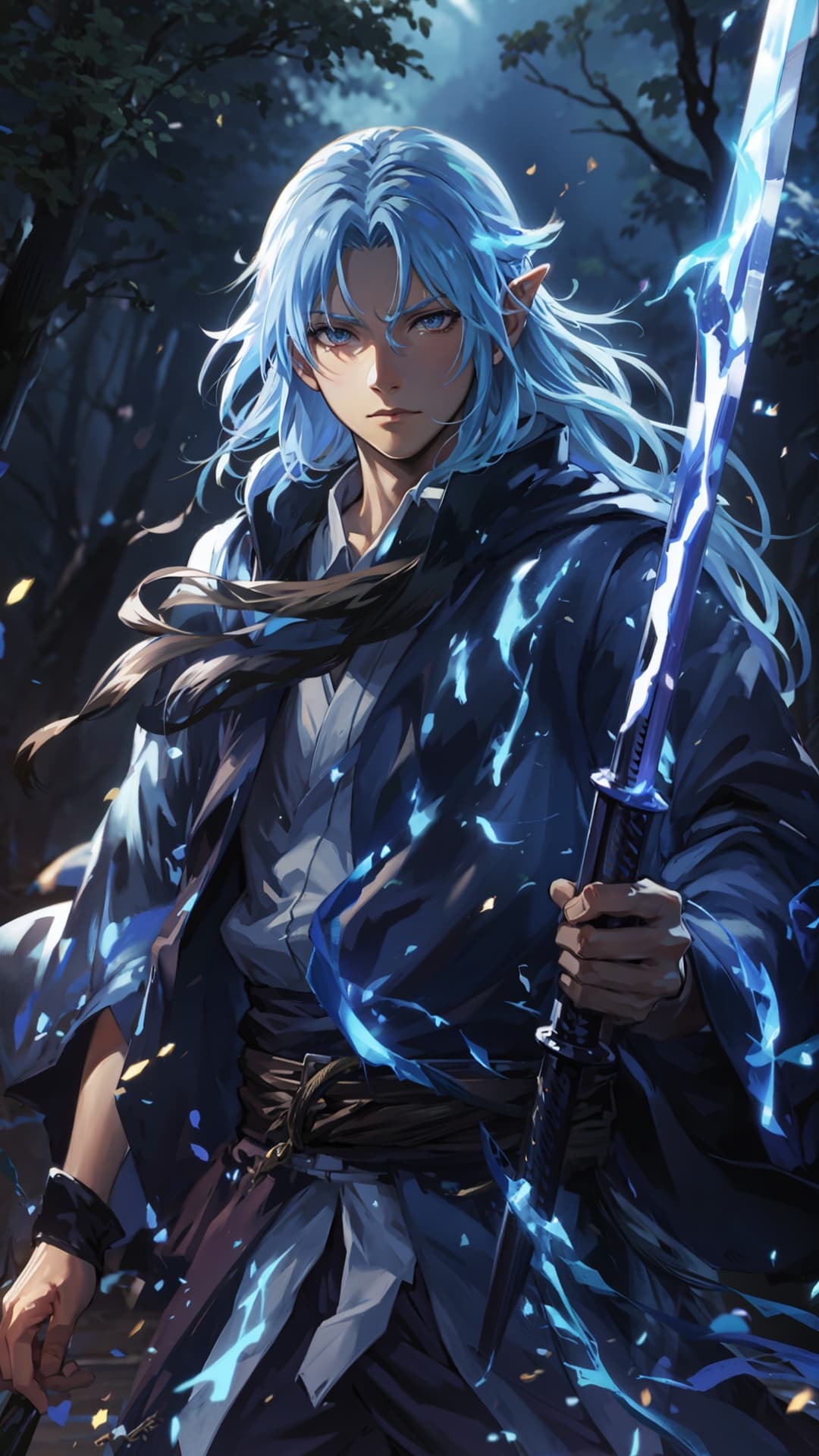 AI generated: Rimuru Tempest from Slime Data Ken anime looking to the camera holding his thunder sword prepared to...