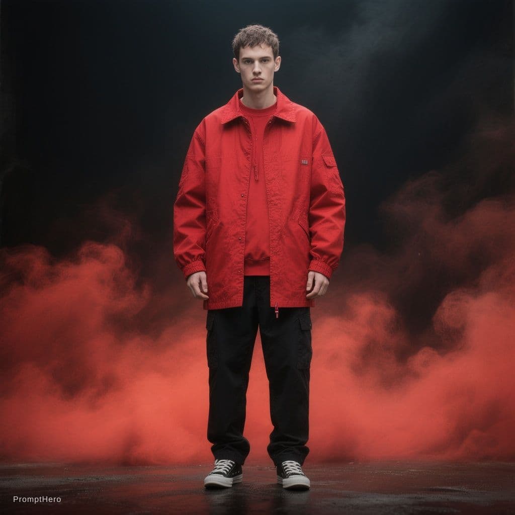 AI generated: fashion photography, front central full-length shot, male model, vibrant red color and black palette...