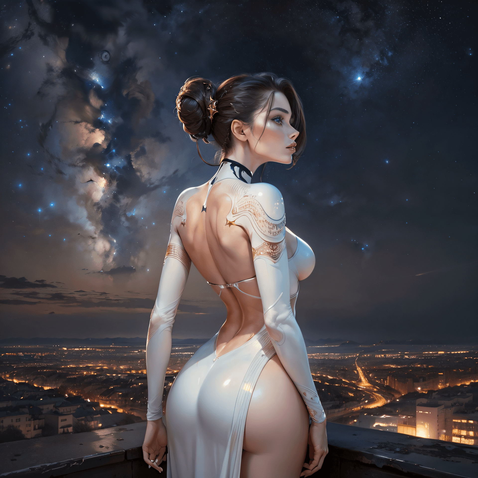 AI generated: ((best quality)), (masterpiece), ((realistic)), (stunning supermodel woman looking up at the night s...