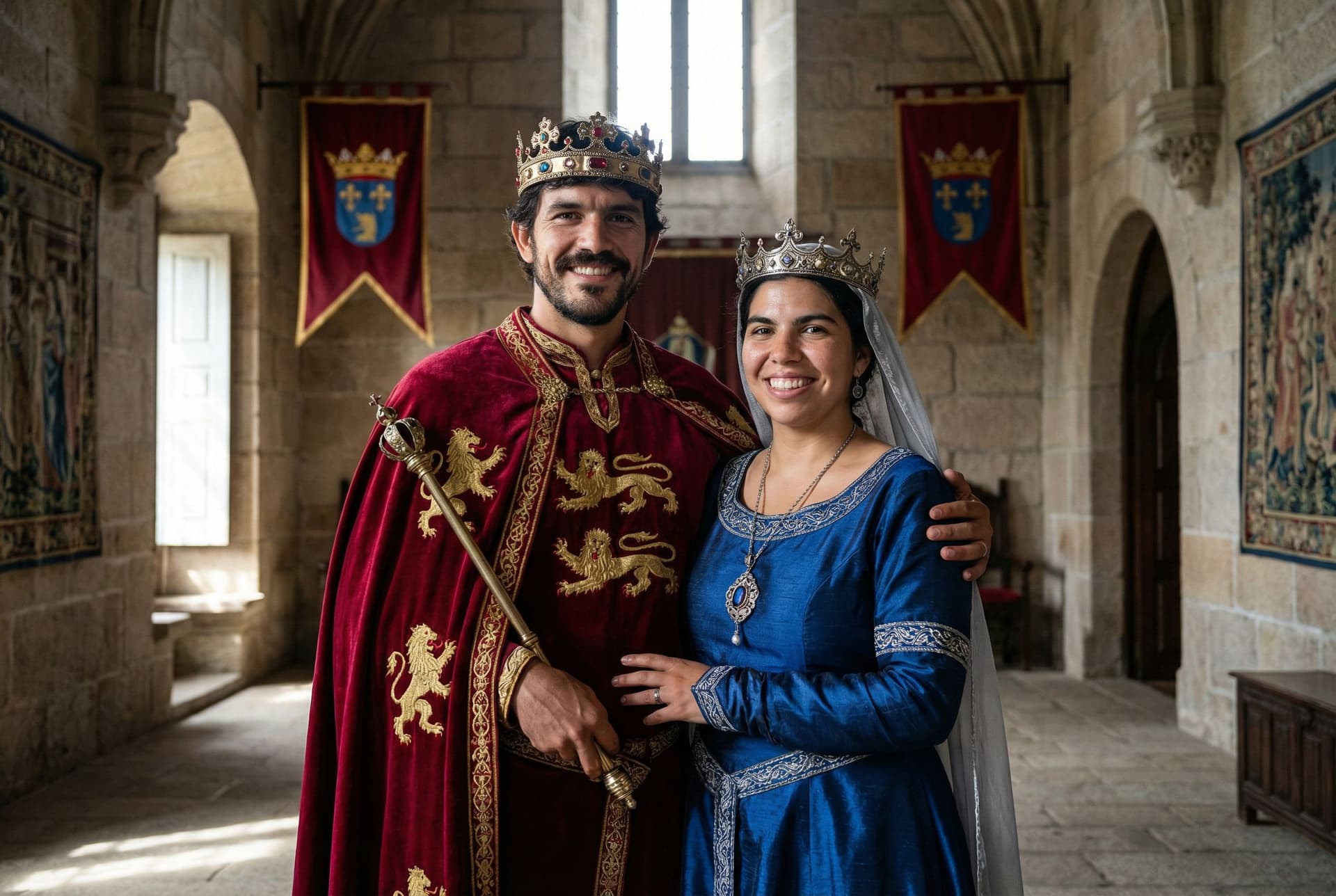 AI generated: Create a highly realistic portrait of the people in the reference image as the king and queen of Red...