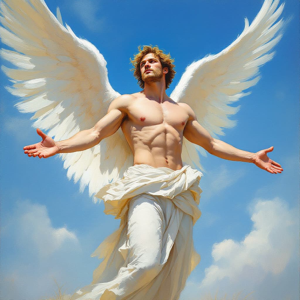 AI generated: Impressionist painting of  a masculine male, a strong angel, light brown hair, a clean-shaven face, ...