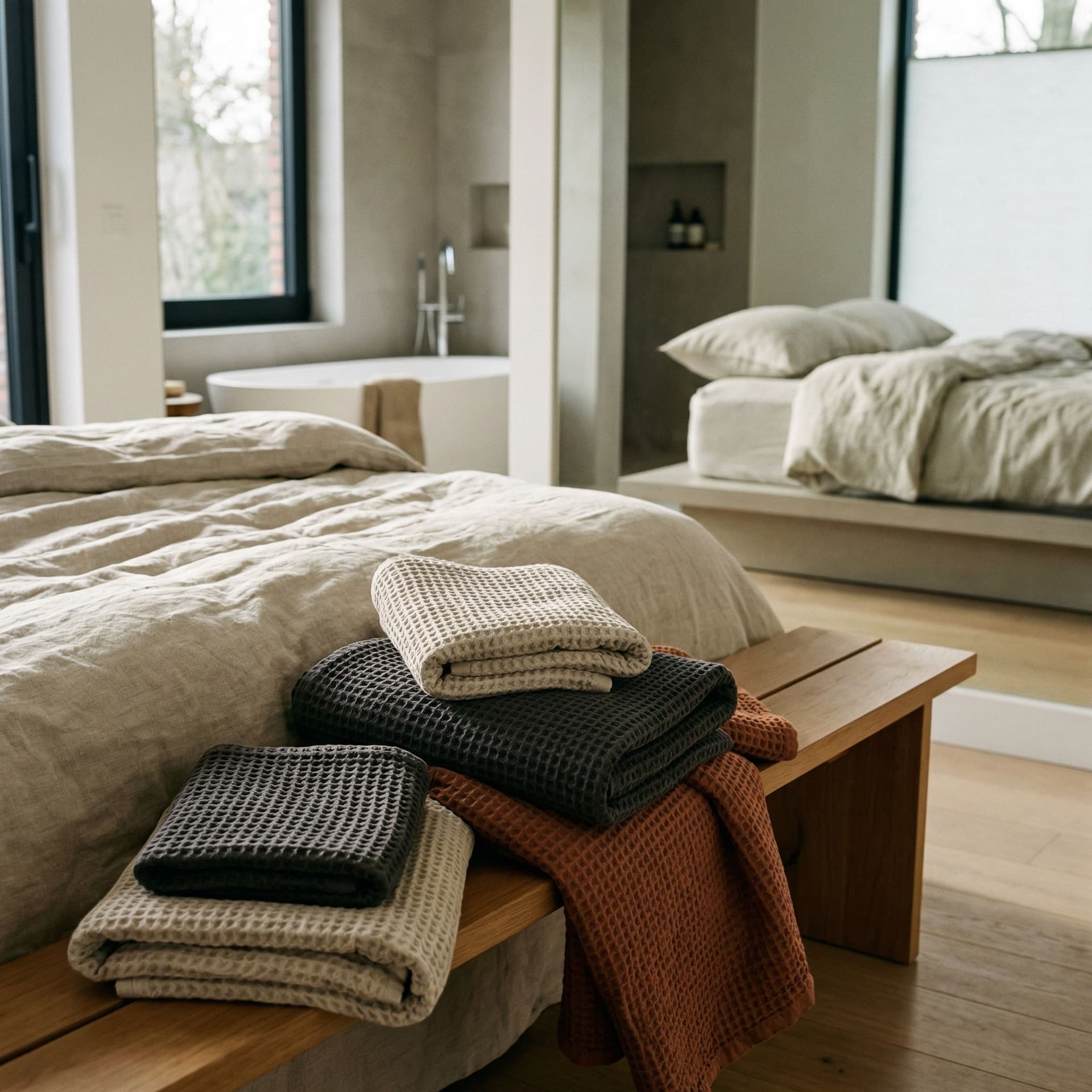 AI generated: Take a photo with bed linens and bath towels in the foreground. Make sure this photo looks modern an...