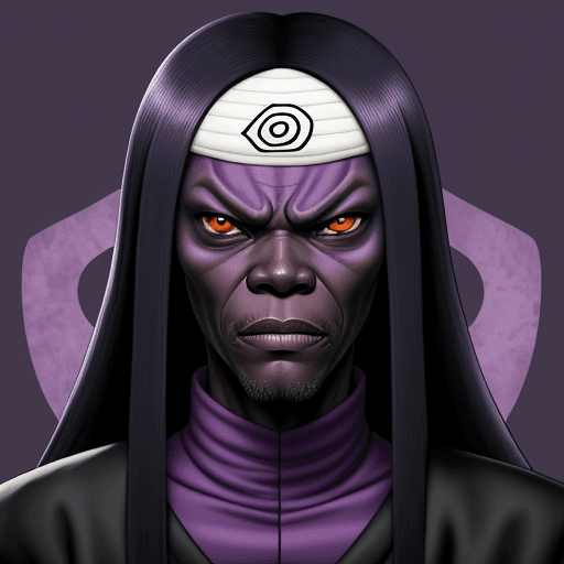 AI generated: Orochimaru from naruto with the face of Samuel L. Jackson. Purple background