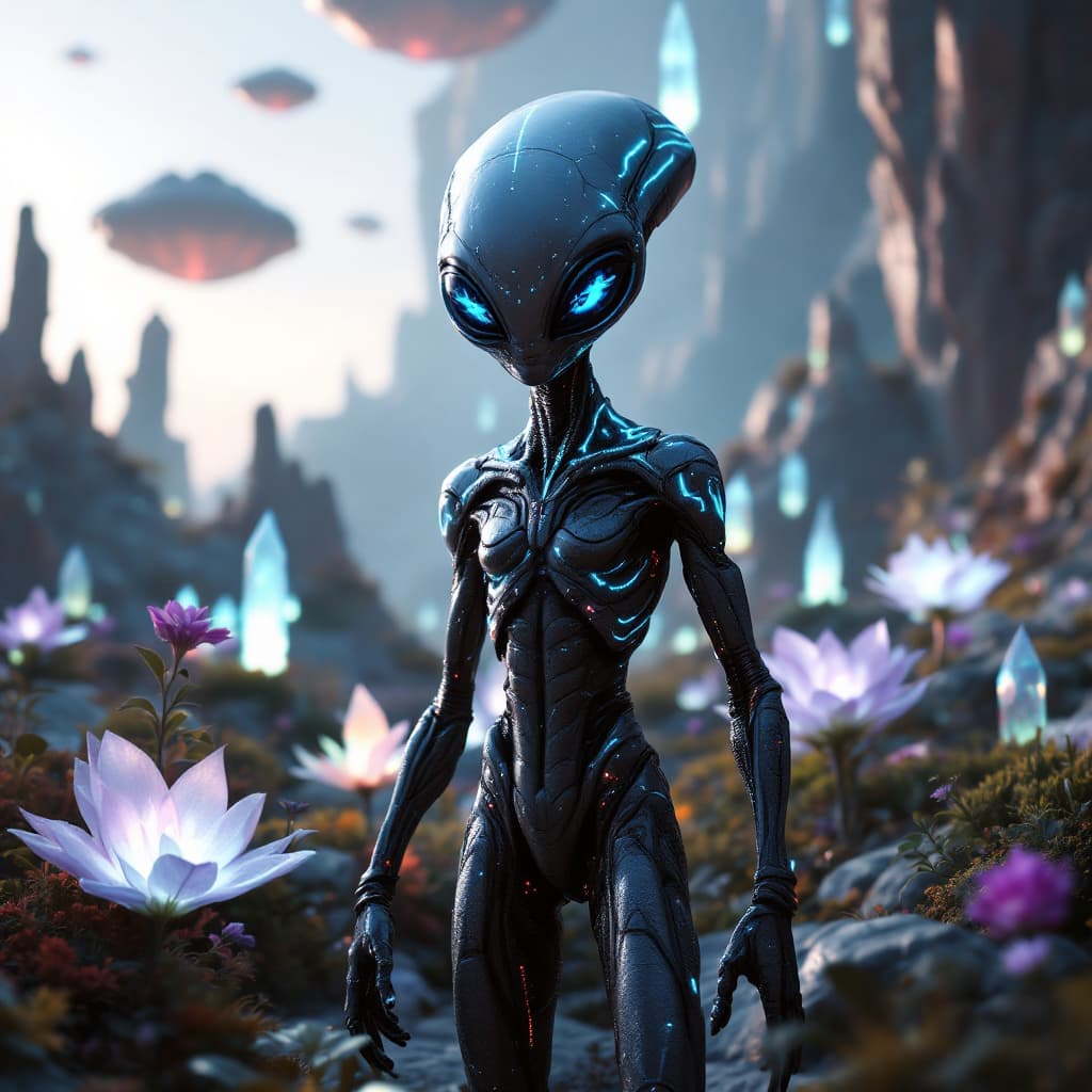 AI generated: An extraterrestrial being with bioluminescent markings, deep-set shimmering eyes, and elongated limb...